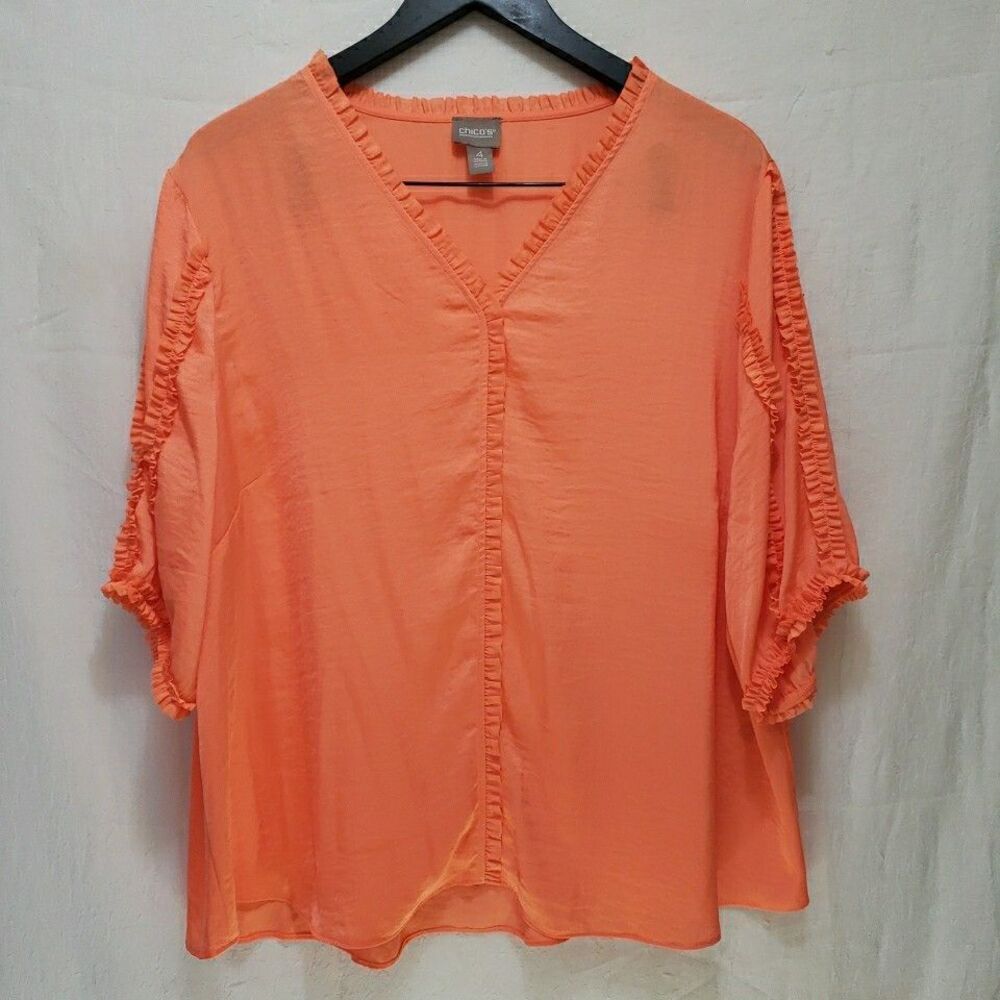 Chicos Blouse Braided Detail Top V Neck Peasant Boho Flowy Orange Size 4 US XXL